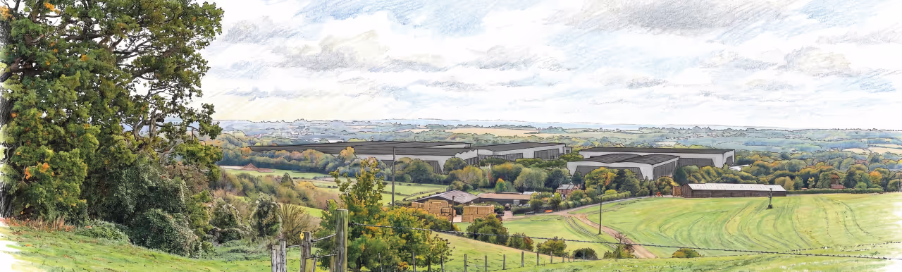 Illustration of a rural landscape with green fields, trees, farm buildings, and distant hills under a cloudy sky.