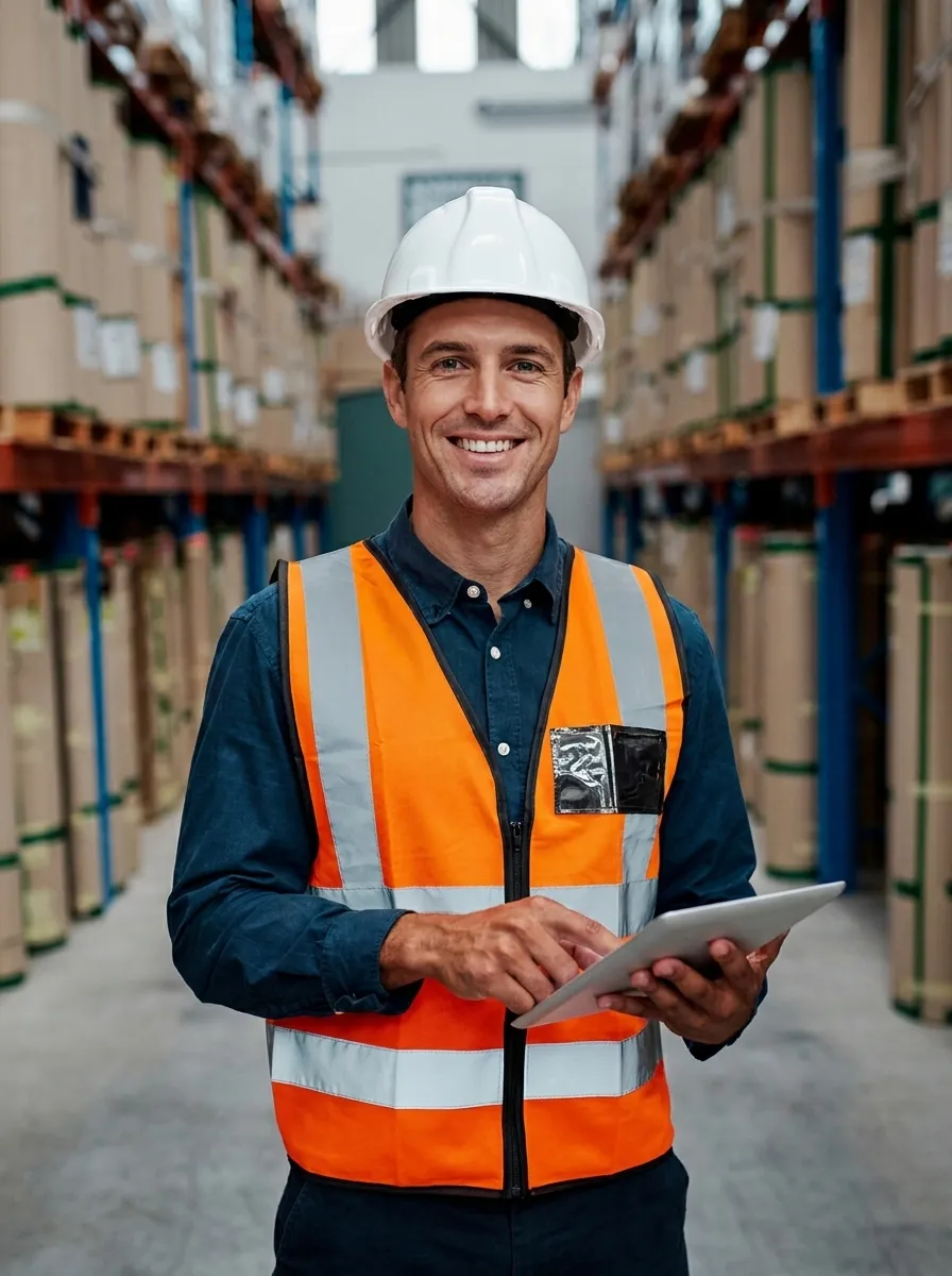 Warehouse worker in high-vis vest in a manufacturing and logistics facility