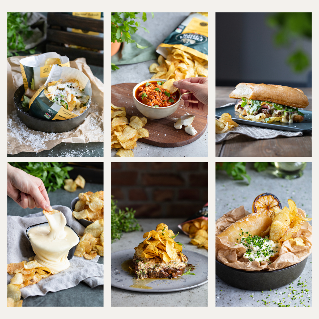 Et collage med matbilder som illustrerer ulike bruksområder til FrostaChips