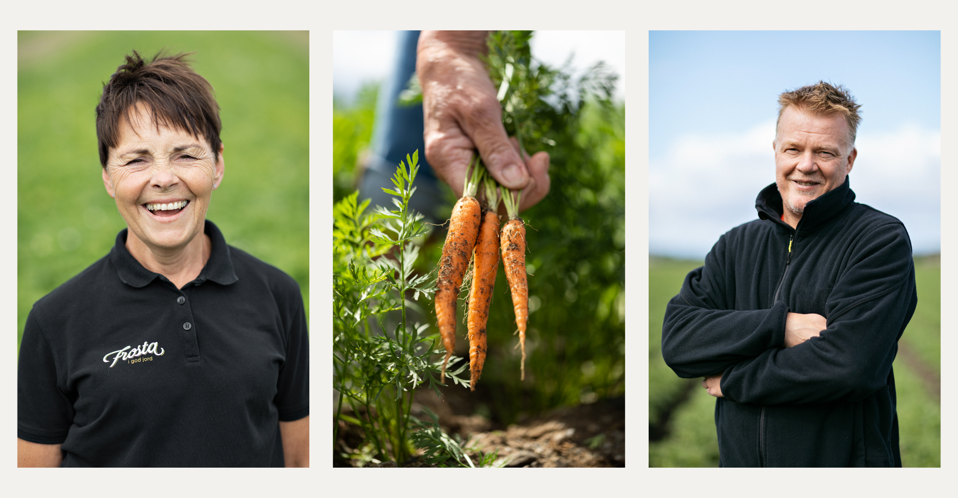 Et collage av stolte bønder som viser frem grønnsaker