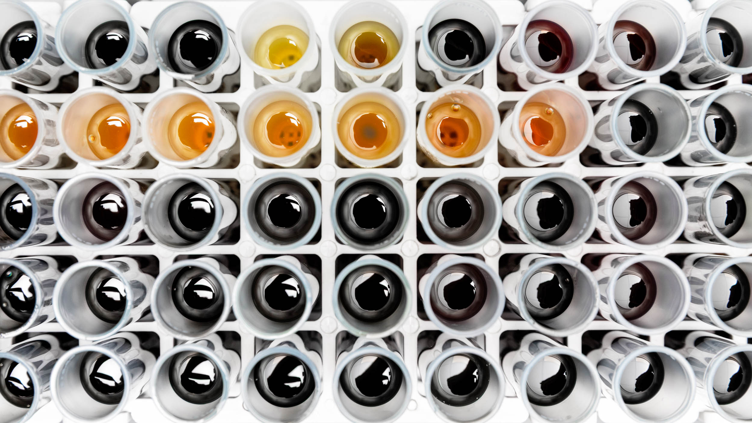 En samling olje, og andre væskeprøver sett ovenfra