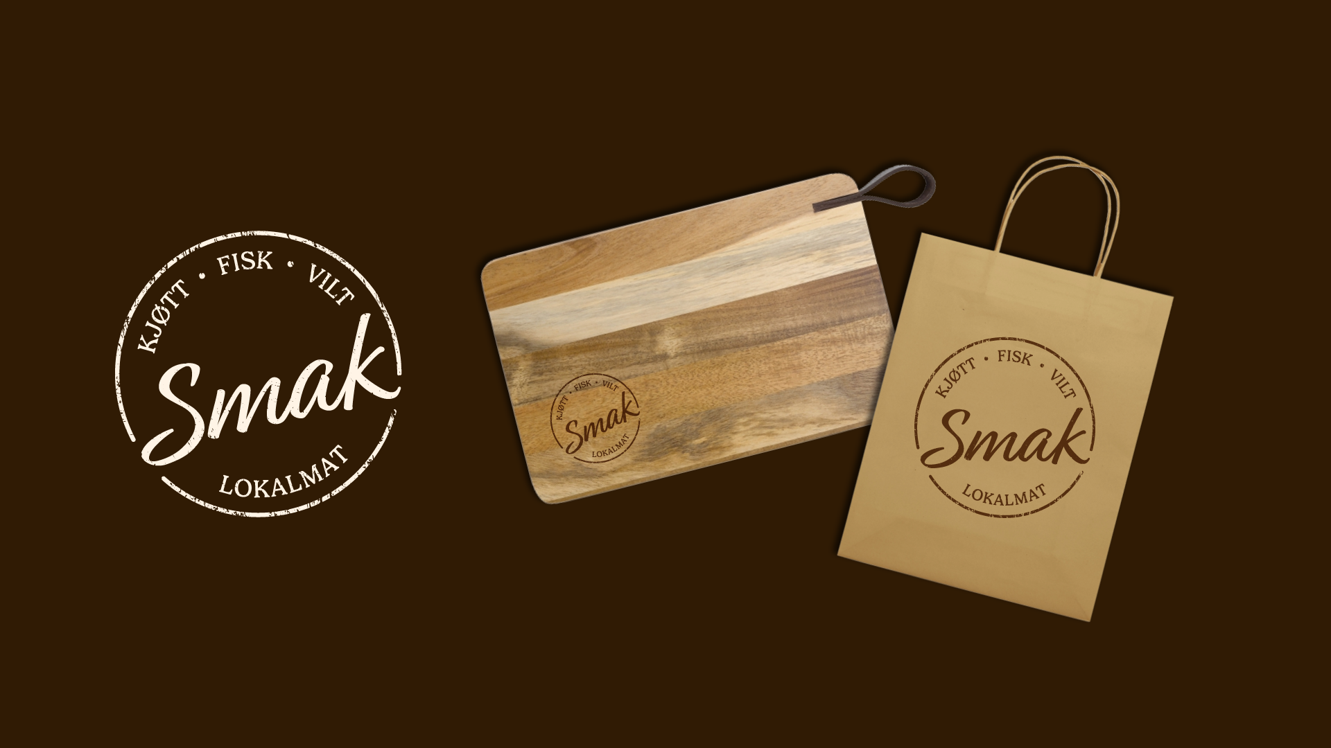 Mockup av en trefjøl og en bærepose med logo på, brun bakgrunn.