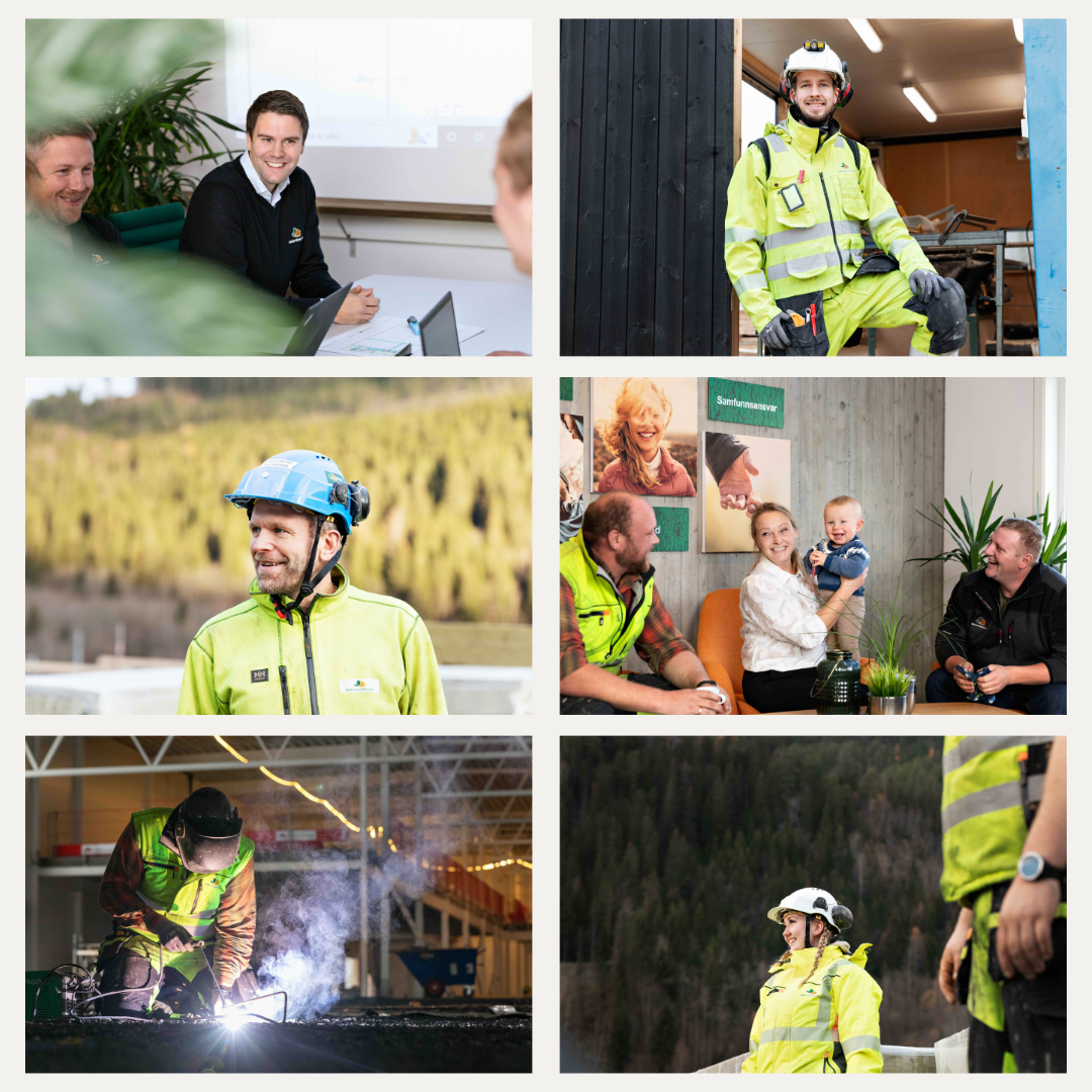 Et collage med seks bilder tatt i ulike situasjoner fra kontor- og byggeplass.