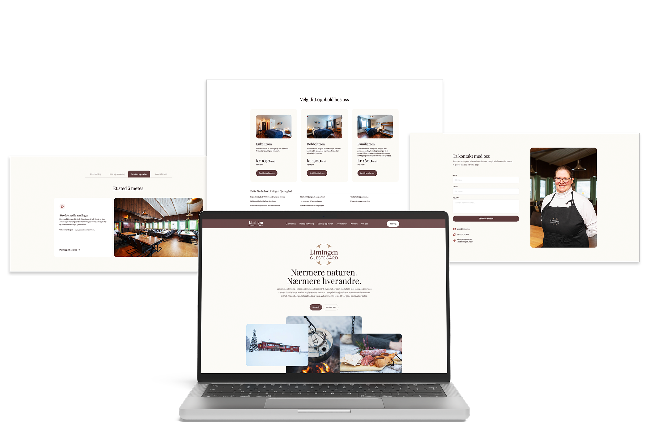 Mockup av ulike sider fra en nettside presentert på en laptop