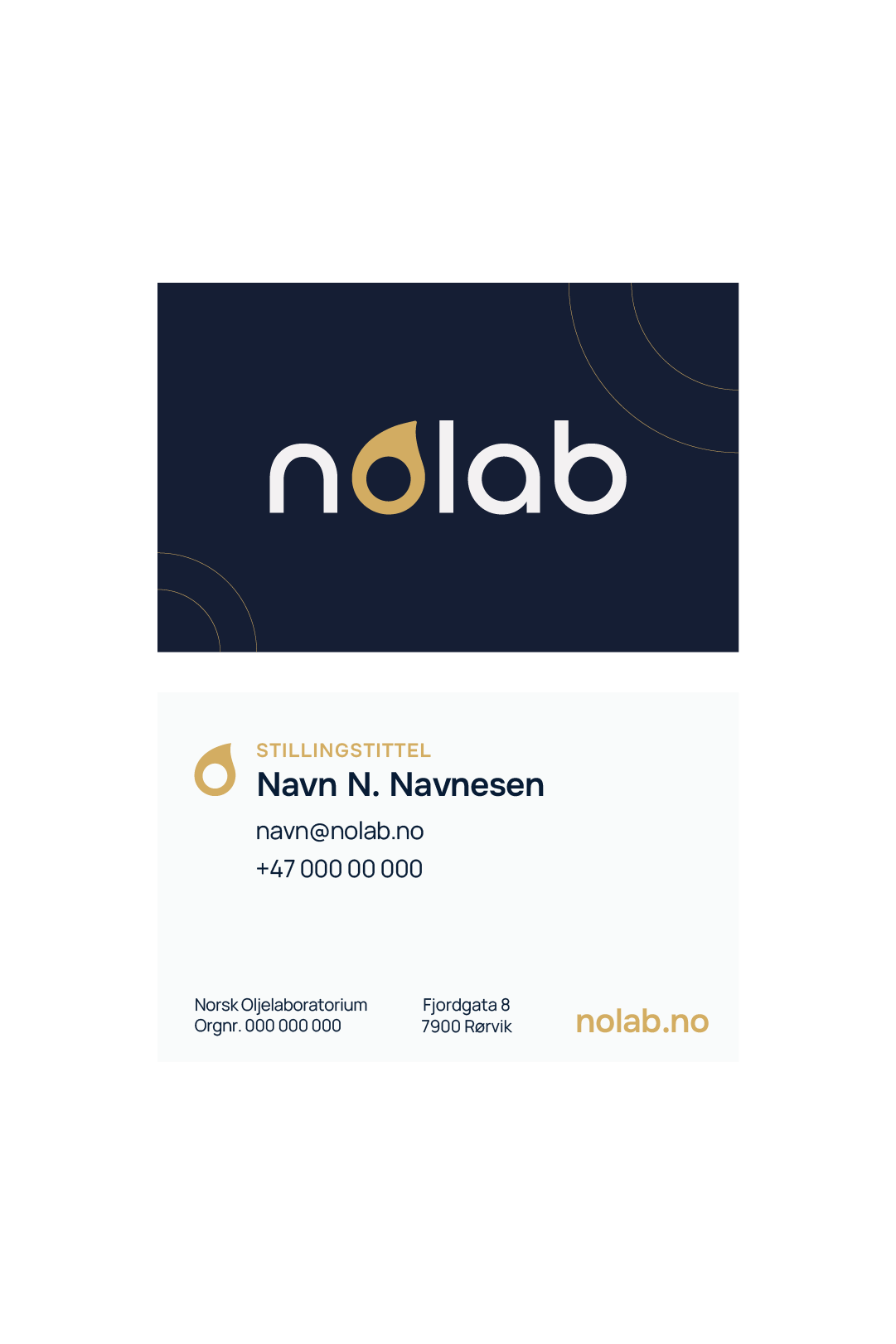 Frem- og bakside av et visittkort med tekst og logo
