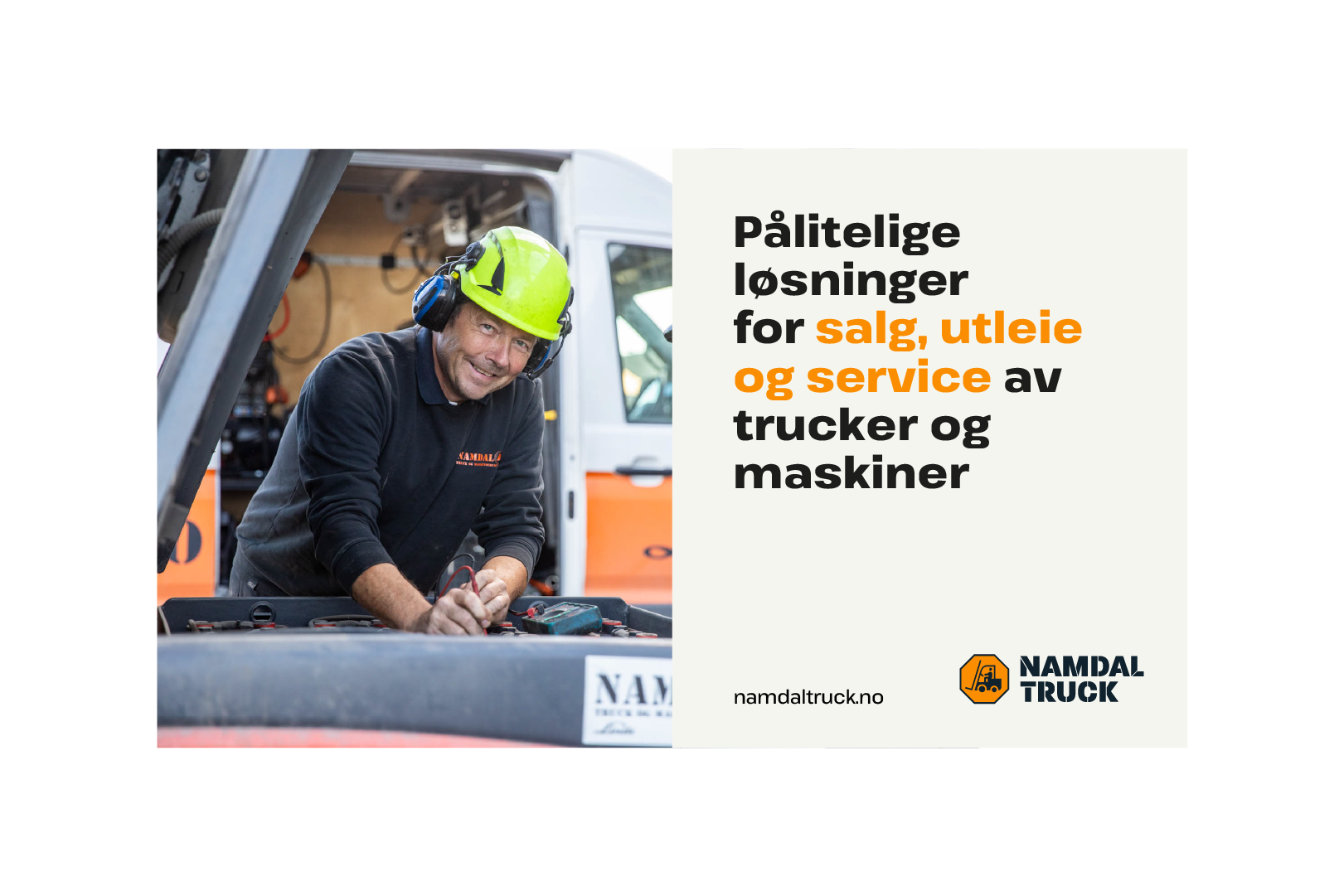 en annonse med en mann utenfor en truck som jobber og ser i kamera