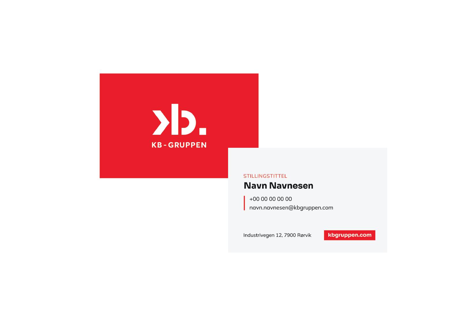 Mockup av et rødt og et hvitt visittkort med logo og tekst