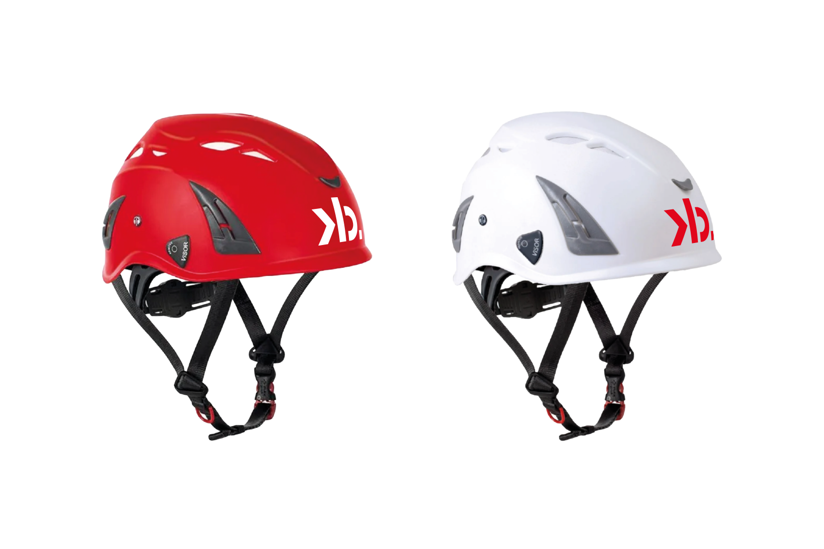 Mockup av en rød og en hvit hjelm med logo på