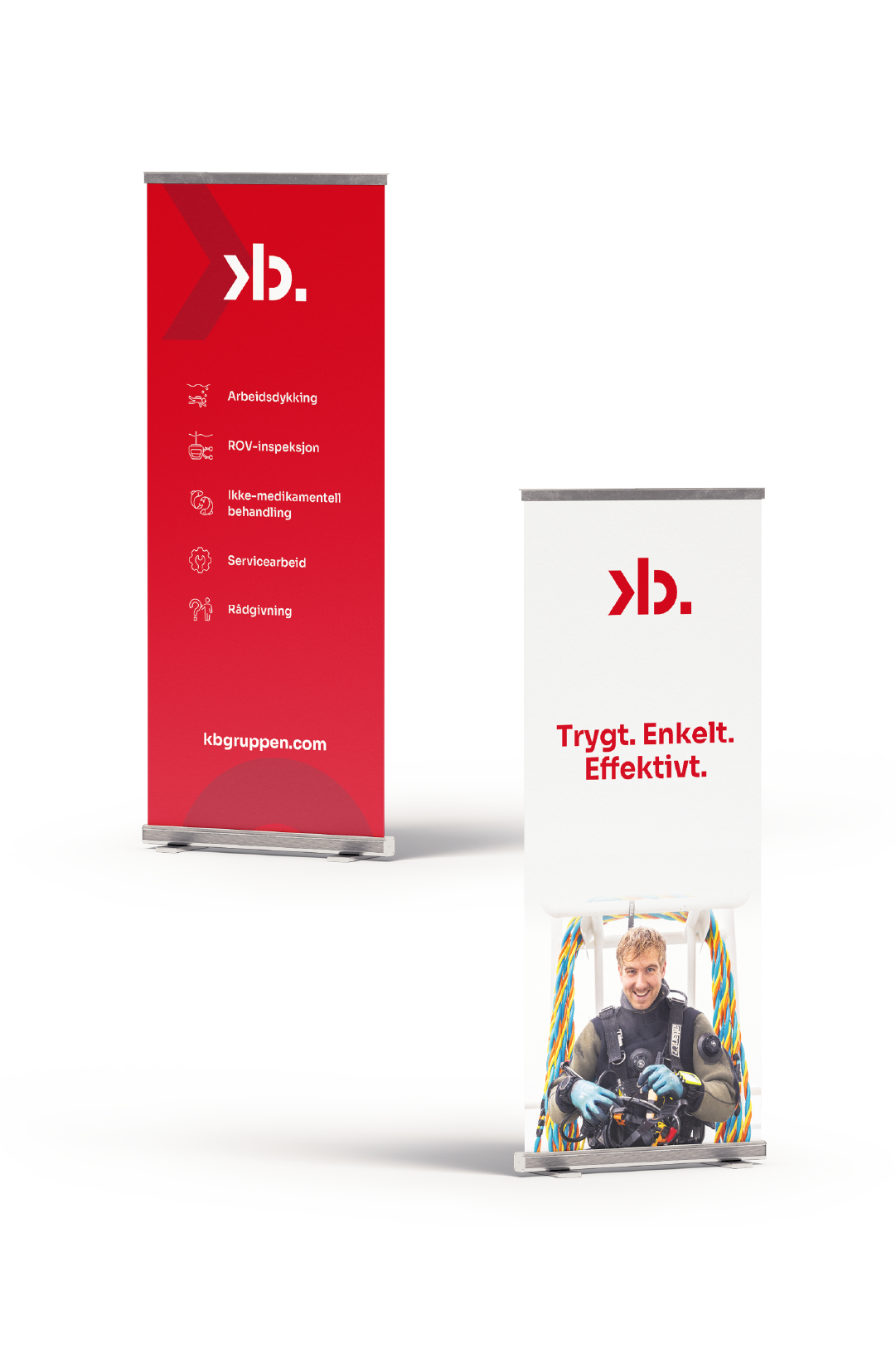 Mockup av en rød og en hvit roll-up med tekst og bilde