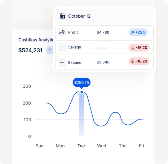 Cashflow analysis chart showing a weekly trend from Sunday to Friday with a peak value of $259.75 on Tuesday and profit details for October 12 including $4,780 profit with a 25.5% increase, and decreases of 16.20% in Savage and Expand categories.