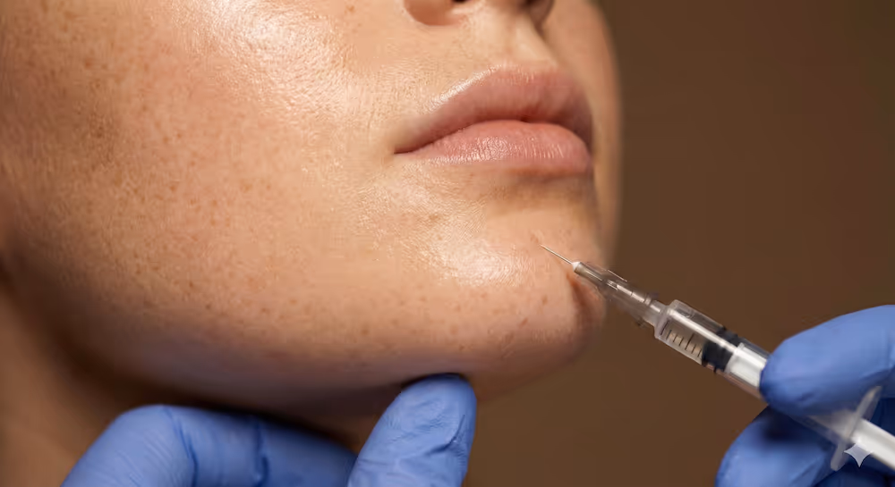 Nahaufnahme einer Botox-Behandlung am Kinn zur Glättung von Erdbeerhaut und tiefen Kinnfalten.