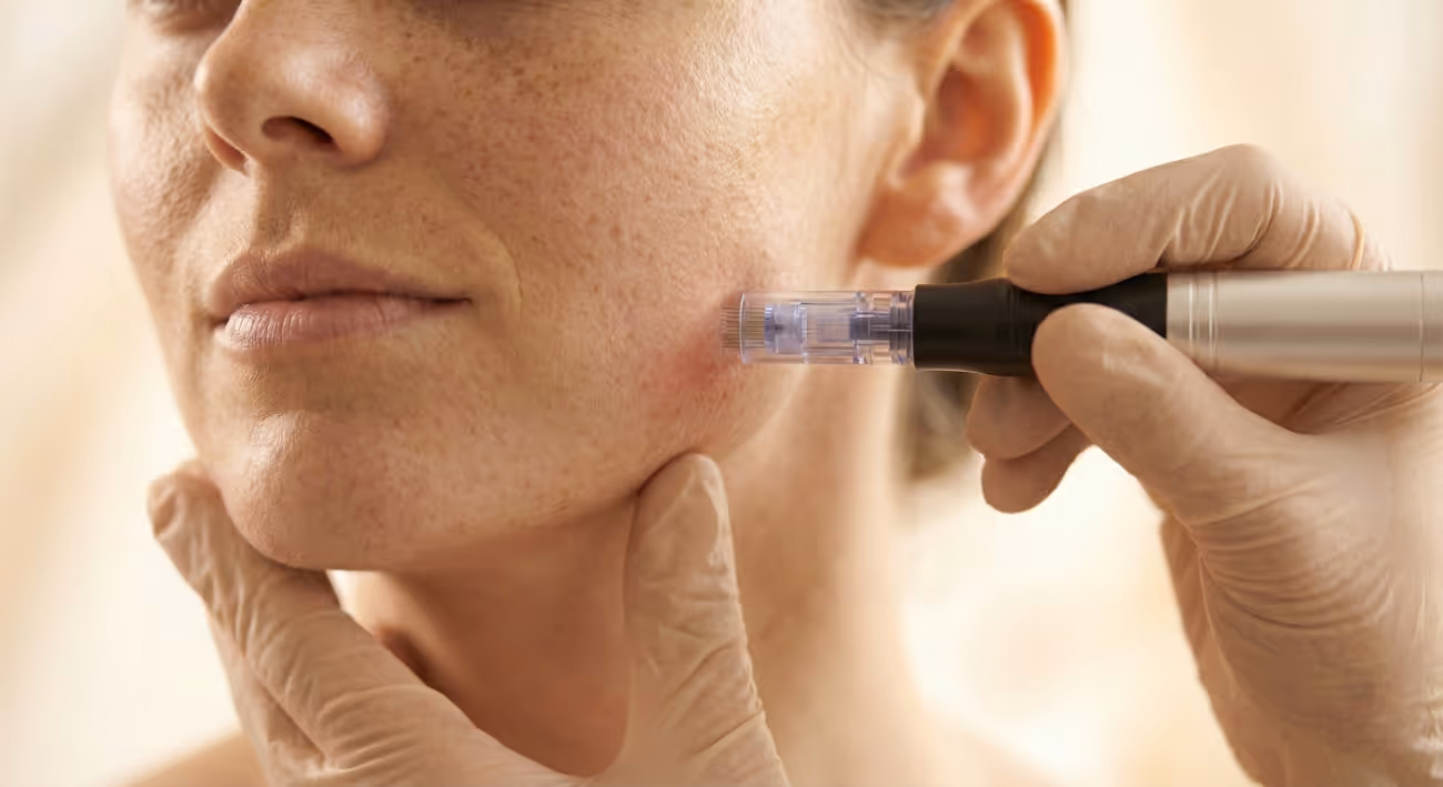 Nahaufnahme eines Microneedling-Pens bei der Behandlung der Gesichtshaut zur Kollagenstimulation