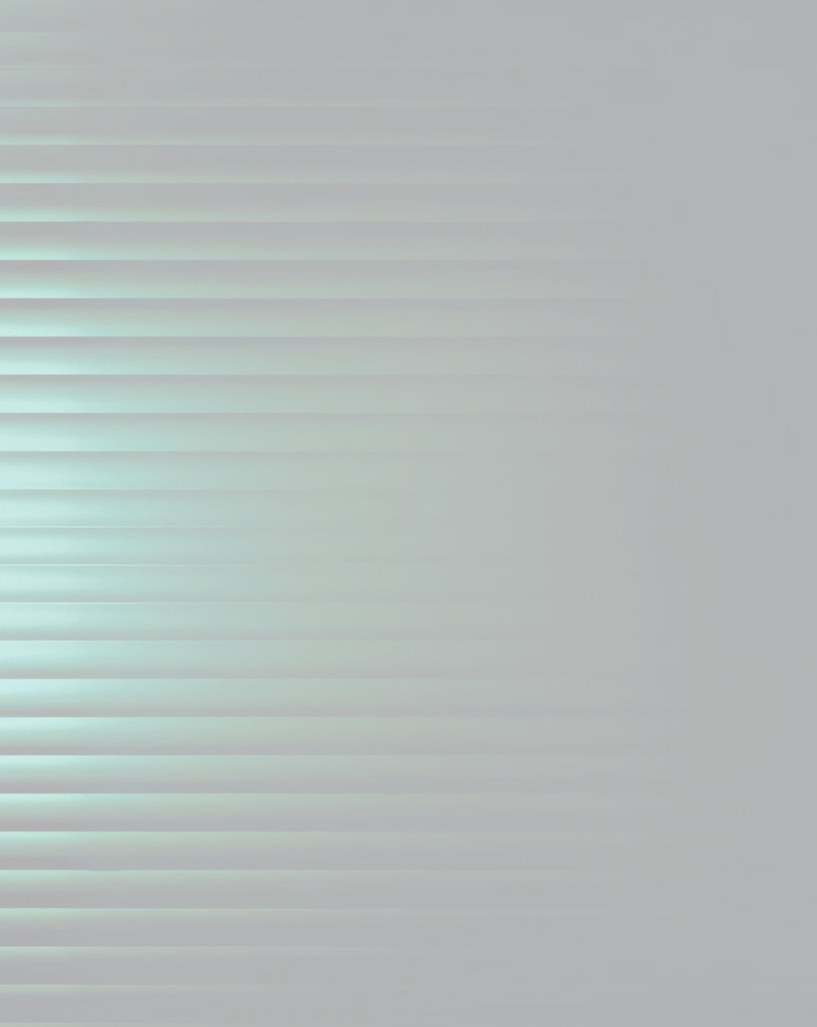 Dark horizontal blinds with green light filtering through partially closed slats.