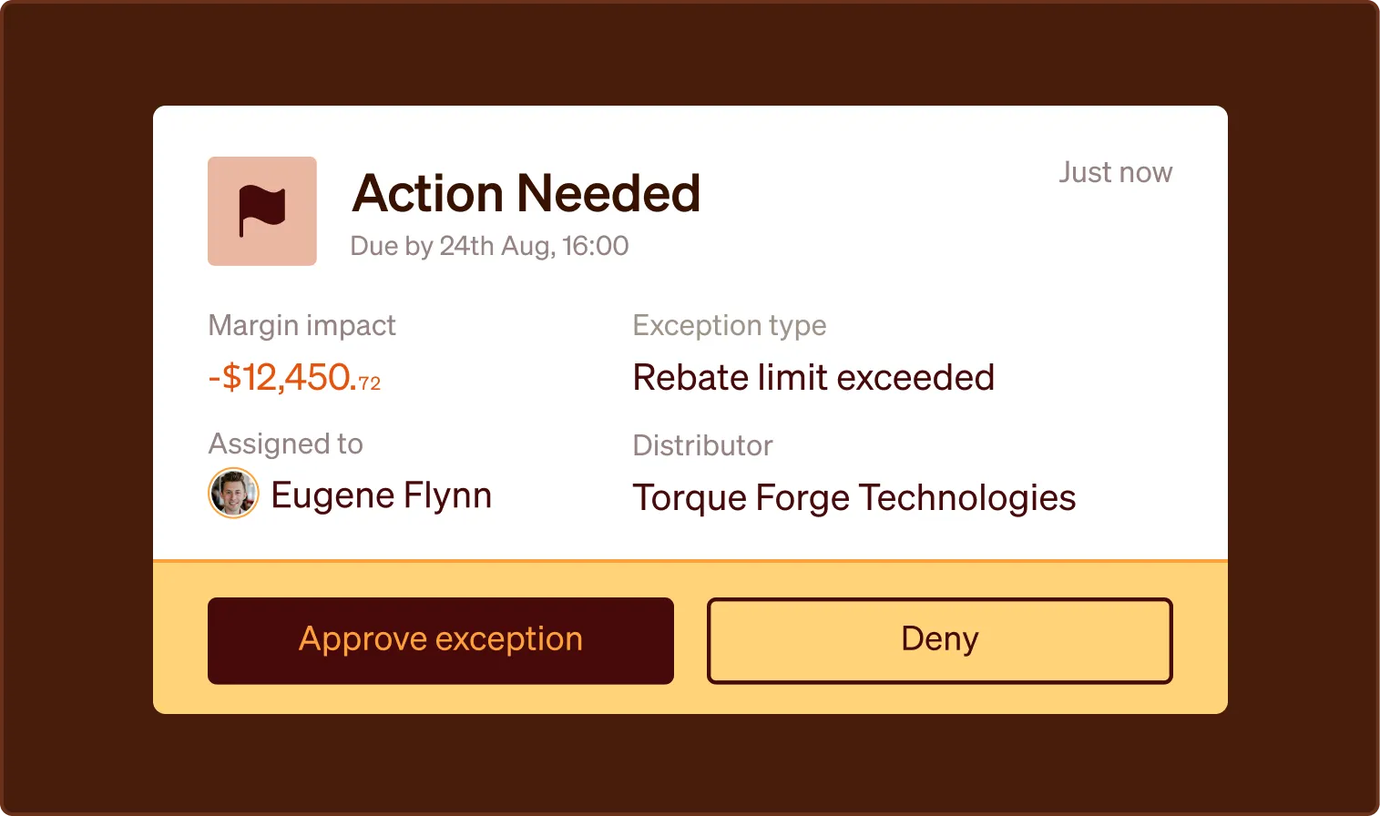 Notification card showing an action needed with a margin impact of minus $12,450.72, rebate limit exceeded exception, assigned to Eugene Flynn from Torque Forge Technologies, with options to approve exception or deny.