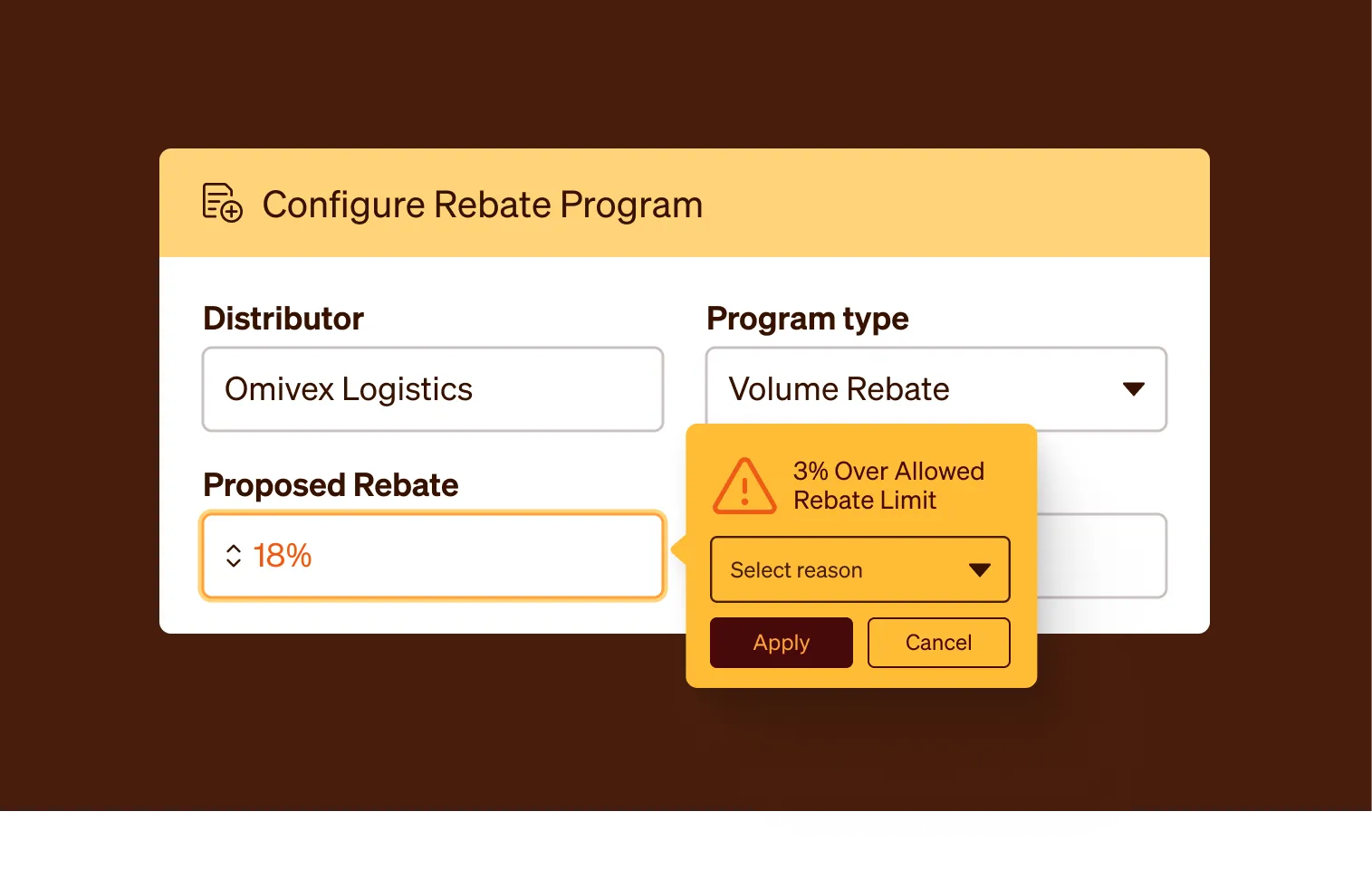 Form to configure rebate program for distributor Omivex Logistics with program type Volume Rebate and proposed rebate of 18%, showing a warning for 3% over allowed rebate limit with options to select reason, apply, or cancel.