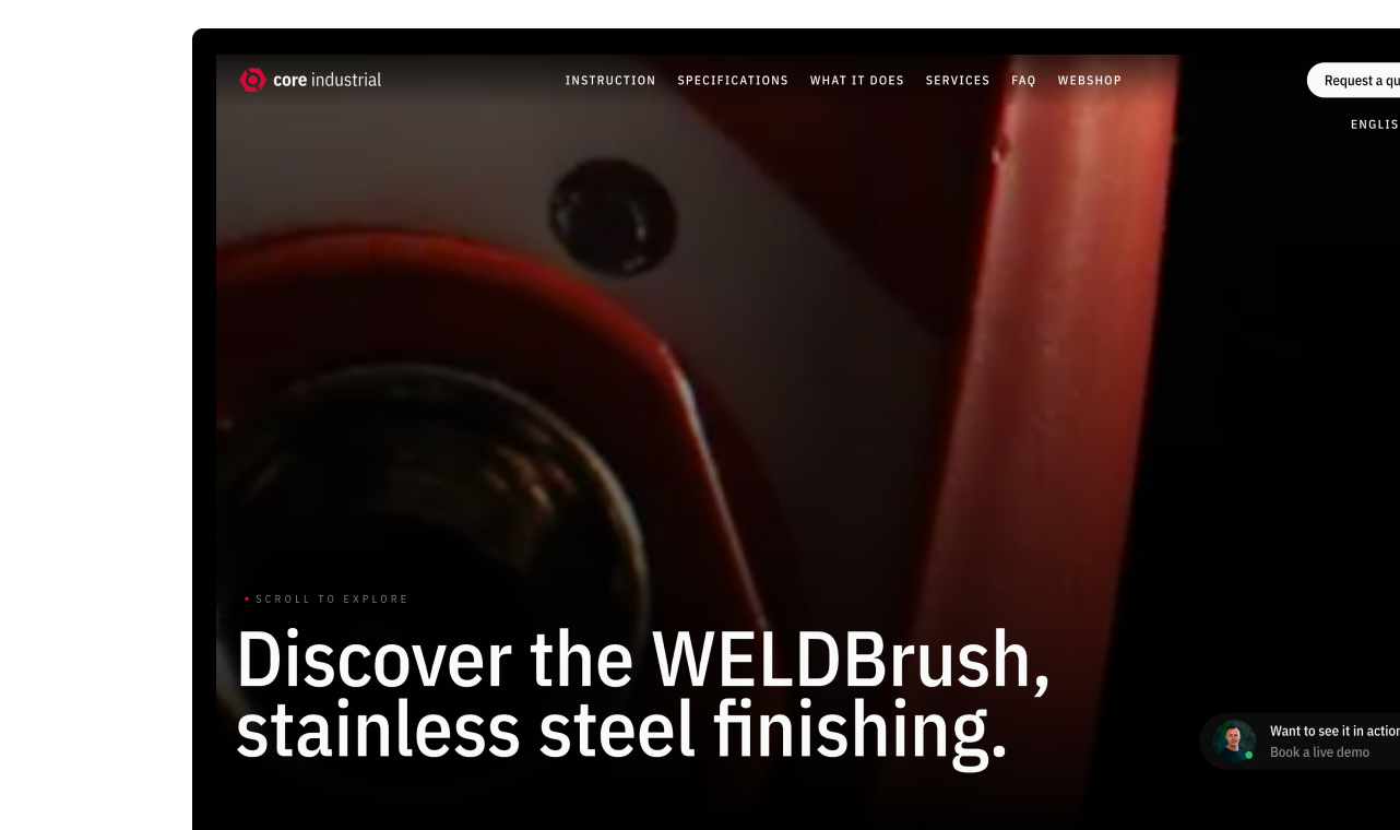 Core Industrial WELDBrush website built by Digitalmakers, dark design with a close-up product shot