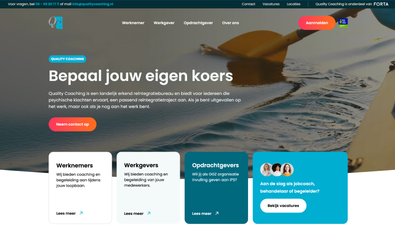Quality Coaching website developed by Digitalmakers, homepage with a paddle in water and three routes
