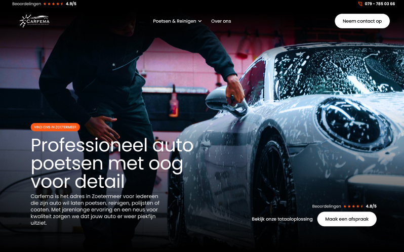Carfema website developed by Digitalmakers, homepage with a car being detailed in a workshop