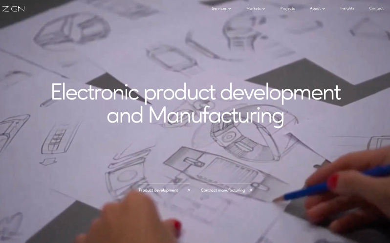 ZIGN website by Digitalmakers, homepage with hands sketching electronic product designs