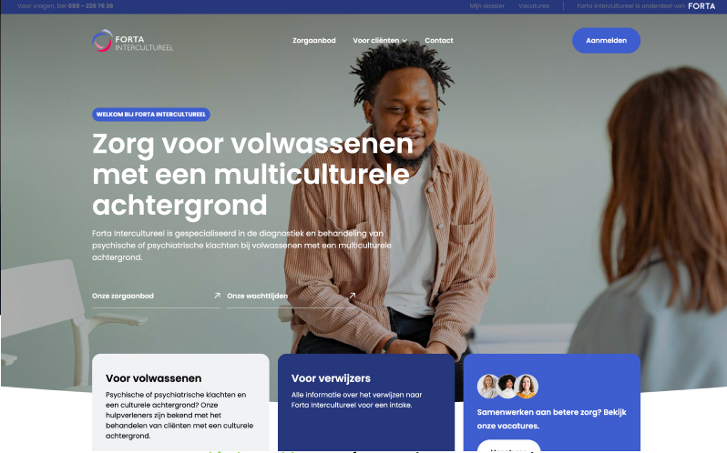 Forta Intercultureel website by Digitalmakers, homepage on care for a multicultural background
