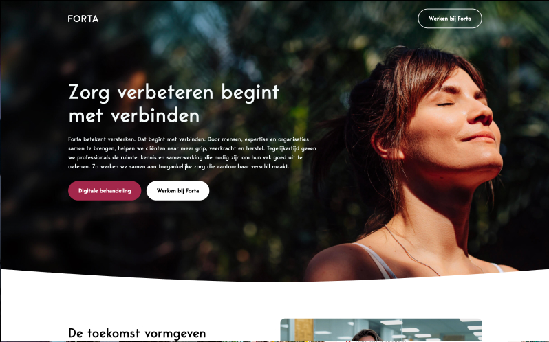 Forta website by Digitalmakers, homepage with a woman facing the sun above a care headline