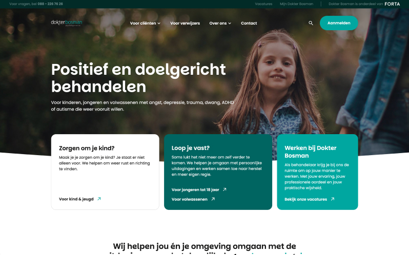 Dokter Bosman website built by Digitalmakers, homepage with a child portrait and three care routes
