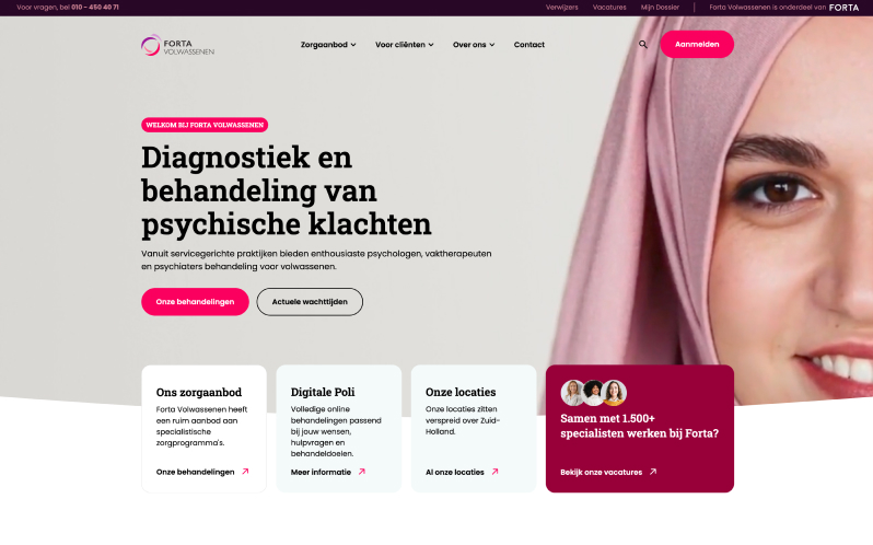 Forta Volwassenen website developed by Digitalmakers, homepage on diagnosis and treatment for adults