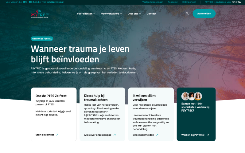 PSYTREC website built by Digitalmakers, homepage on short intensive trauma and PTSD treatment