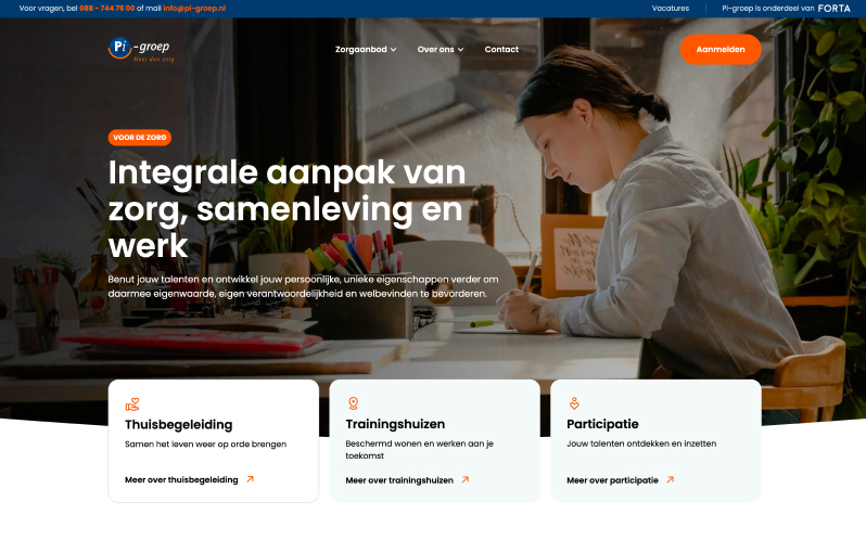 Pi-Groep website by Digitalmakers, homepage on integrated care, participation and work