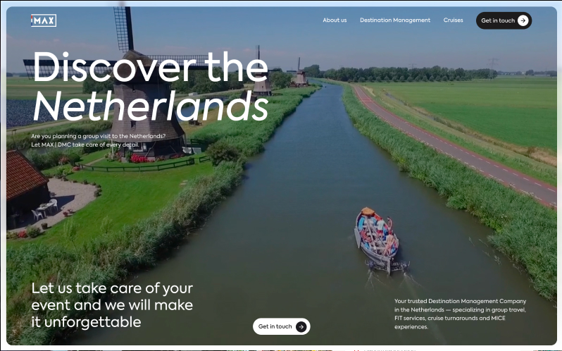 MAX DMC website by Digitalmakers, homepage with a boat on a Dutch canal