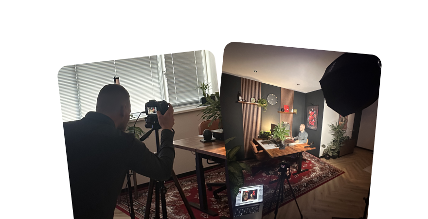 Filming a desk setup in the studio with the new camera on a tripod