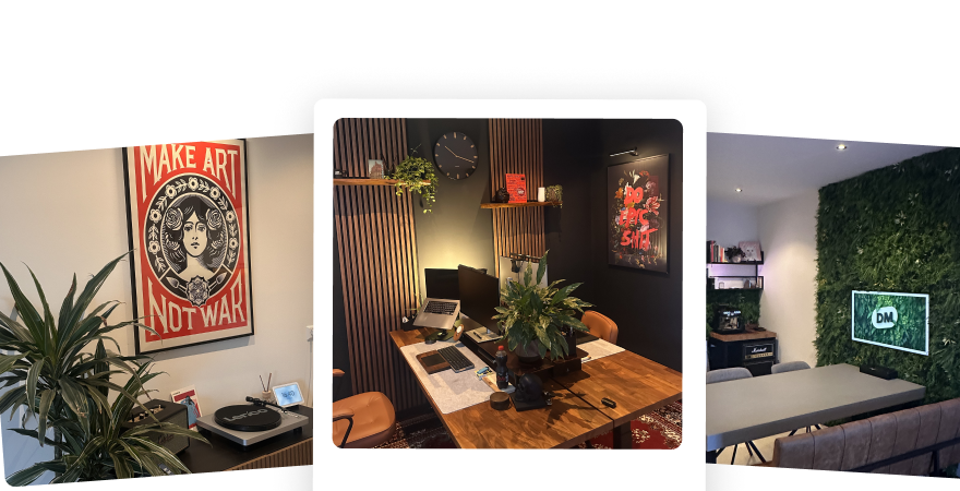 Three photos of the newly furnished studio with desks, plants and wall art