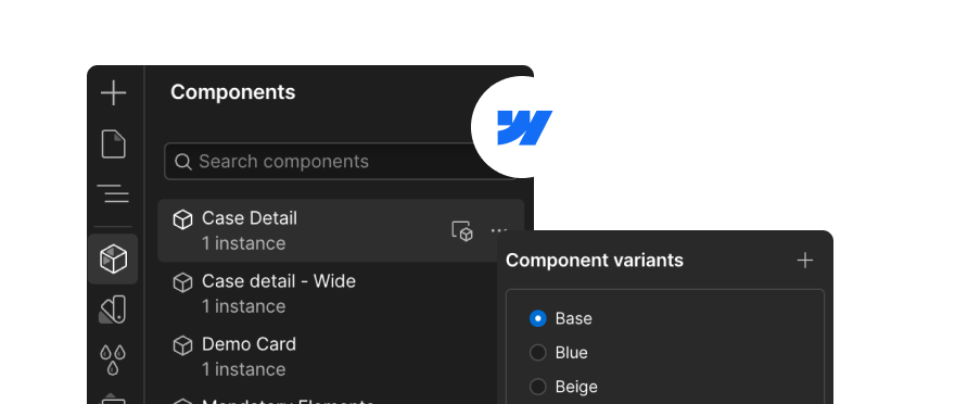 The Webflow components panel listing the reusable components of the framework