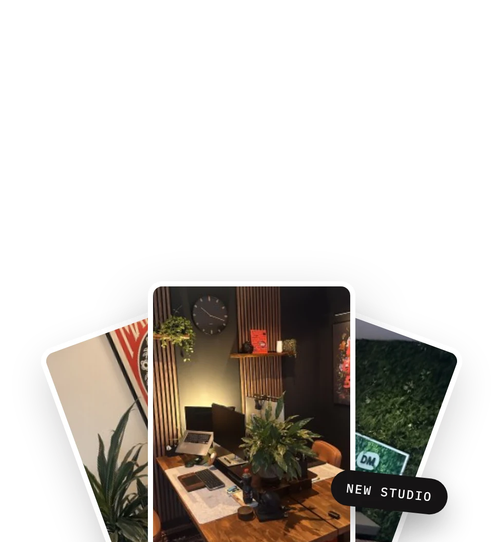 Three photos of the newly furnished studio fanned out