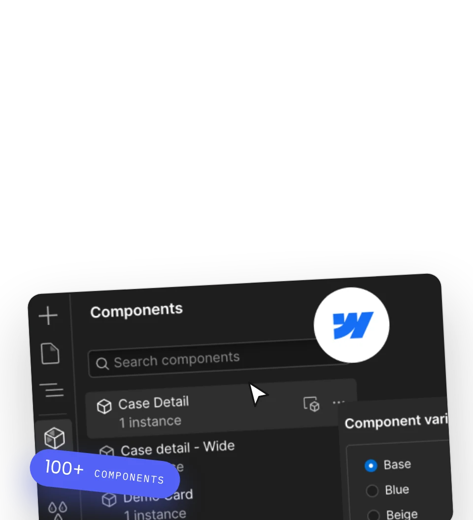 The Webflow components panel with a 100+ components tag