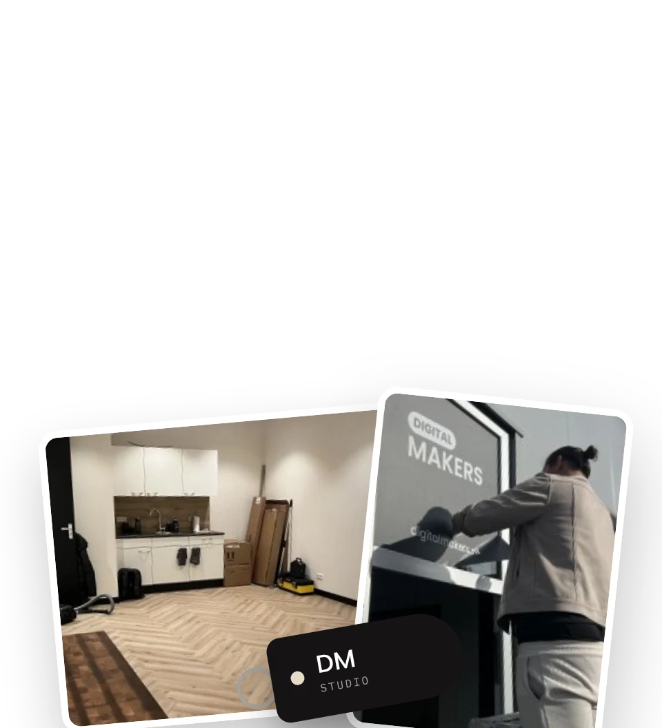 Photos of the empty new studio with a DM Studio key tag