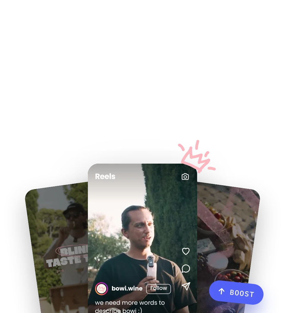 Three Bowi Instagram Reels fanned out with a Boost tag