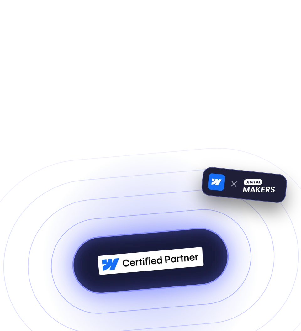 The official Webflow Certified Partner badge in a glowing pill, surrounded by rings