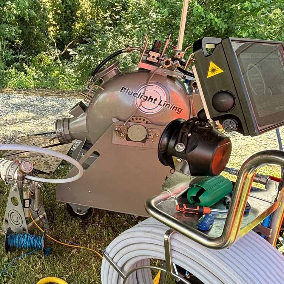Outdoor industrial equipment labeled 'Bluelight Lining' with a control panel, coiled white hoses, and tools on a grassy area near trees.