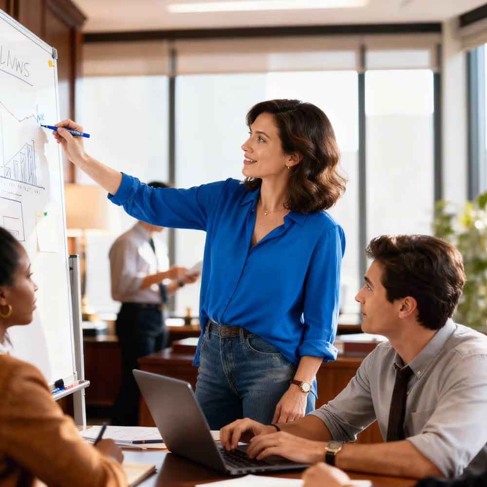 A woman in a blue shirt points at a whiteboard presenting charts to colleagues seated around a table in an office.