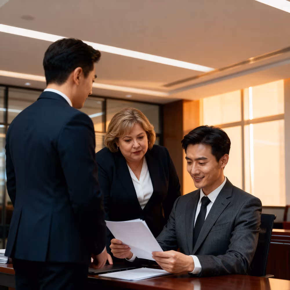 Three professionals in business attire reviewing documents in a modern office with large windows.