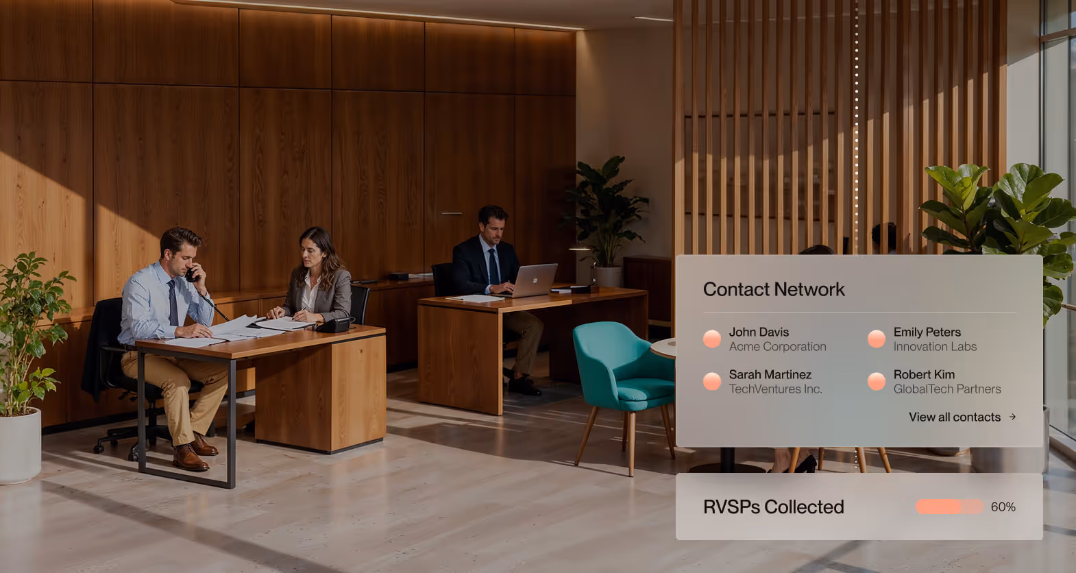 Modern office with three professionals working at wooden desks, with a digital overlay showing a contact network and RSVP progress.