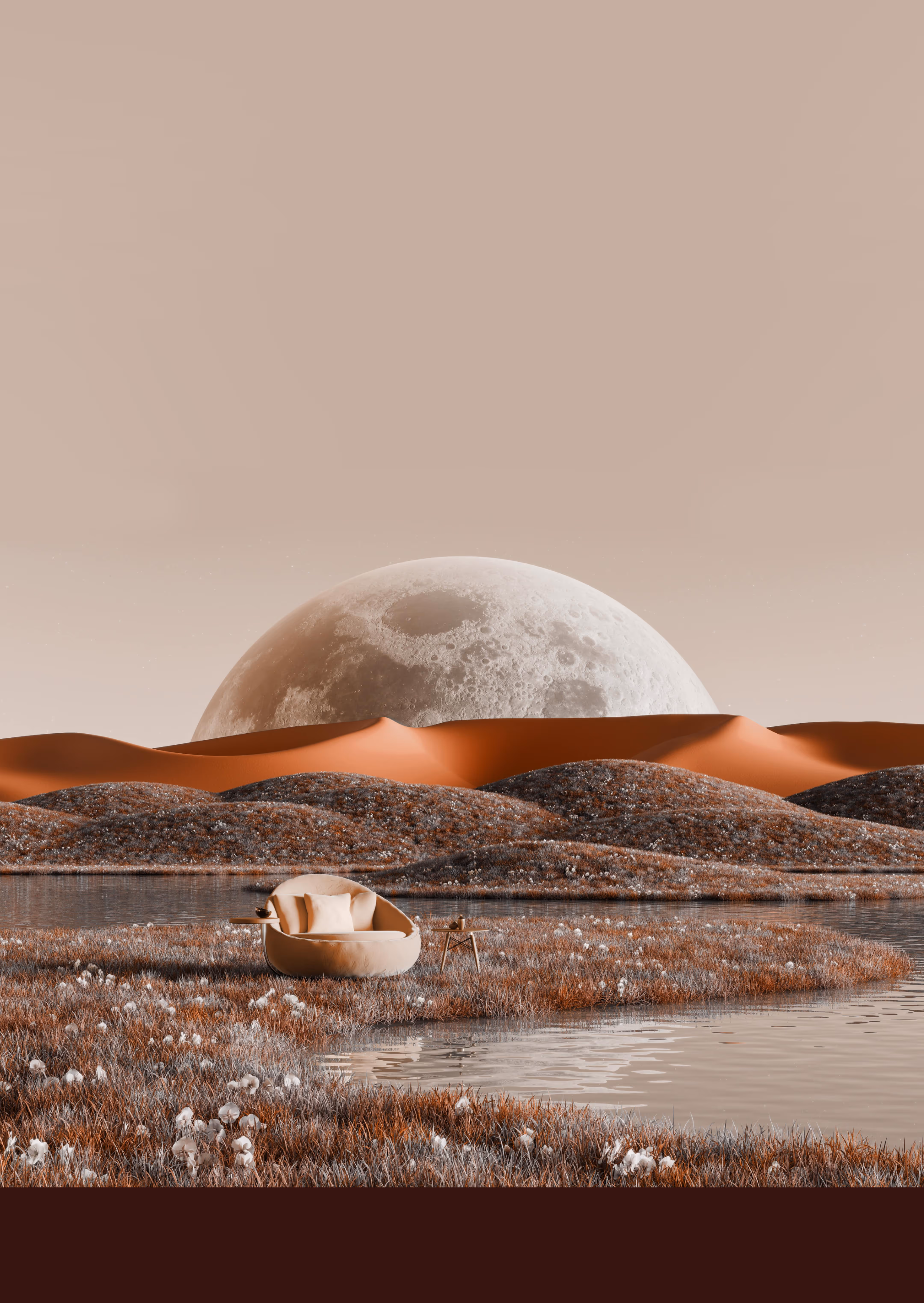 A serene lakeside scene with an armchair and small table set on grass, large moon rising behind orange sand dunes under a beige sky.