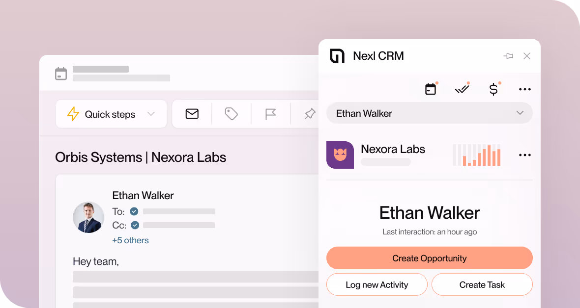 Screenshot of Nexl CRM integration showing an email from Ethan Walker in Orbis Systems and options to create opportunity, log activity, or create a task.