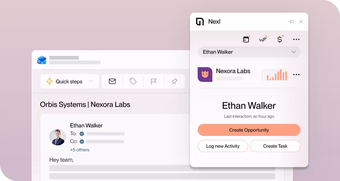 Screenshot of Nexl CRM integration showing an email from Ethan Walker in Orbis Systems and options to create opportunity, log activity, or create a task.