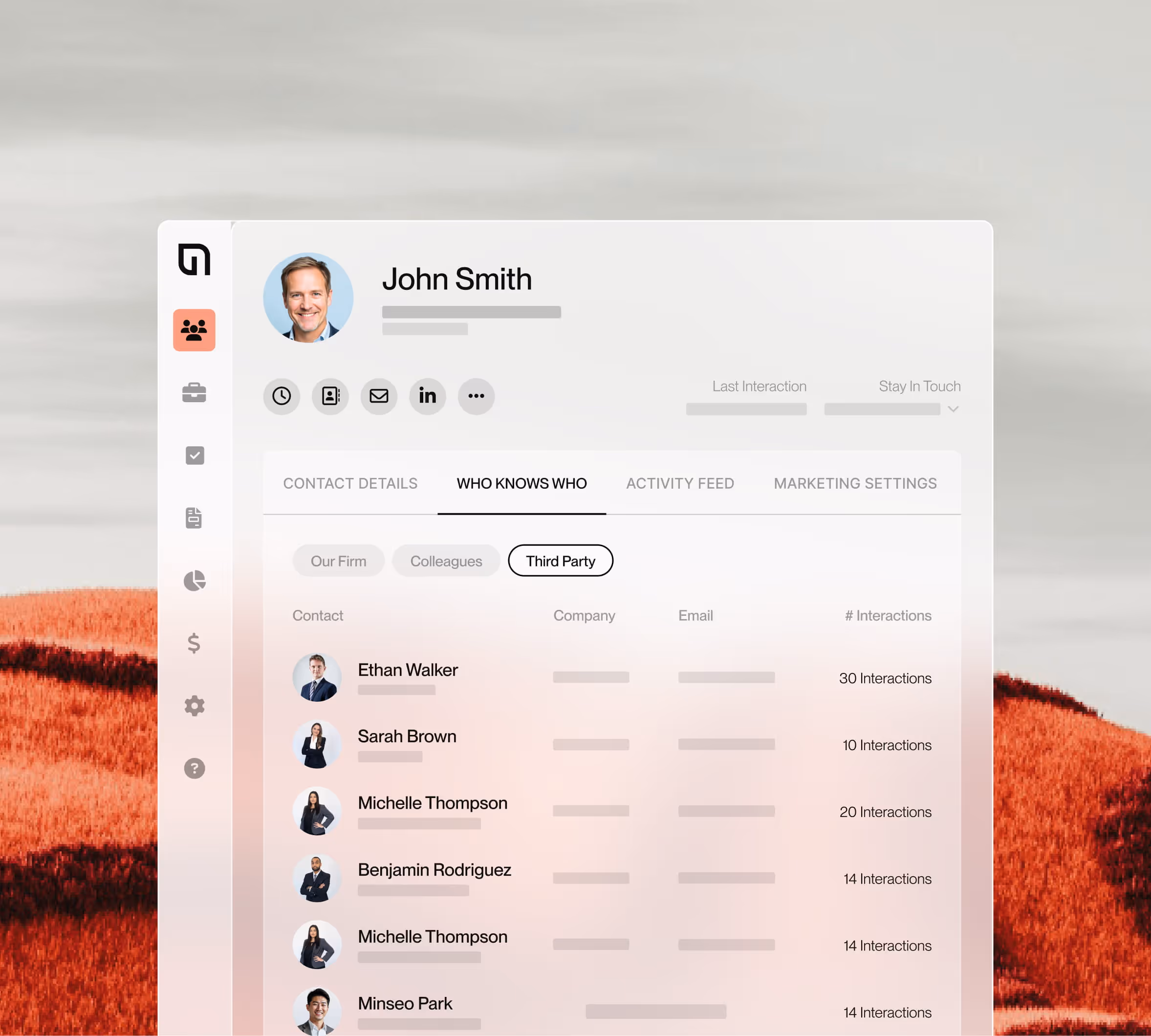 User interface screen showing John Smith's professional network with contact names, photos, and number of interactions in the 'Third Party' tab under 'Who Knows Who'.