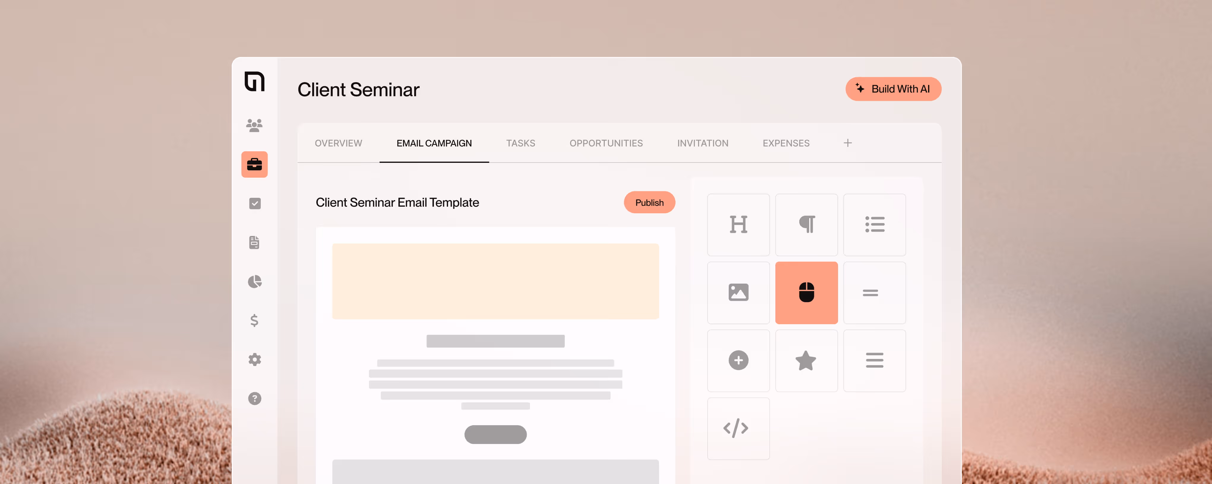 User interface for editing a Client Seminar email template with formatting and content options, including a publish button.
