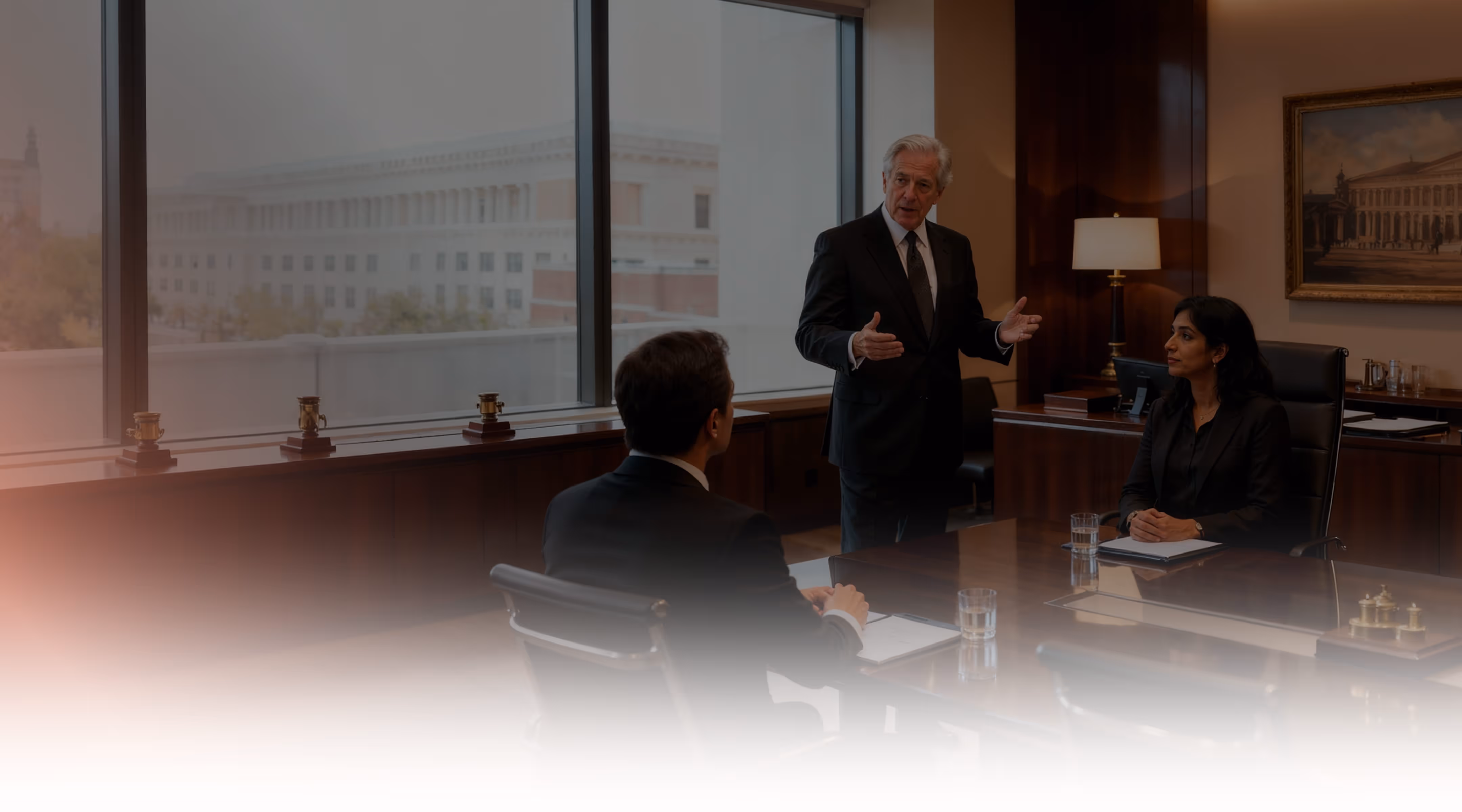 Three professionals in business attire having a discussion in a modern office with large windows and wooden furnishings.