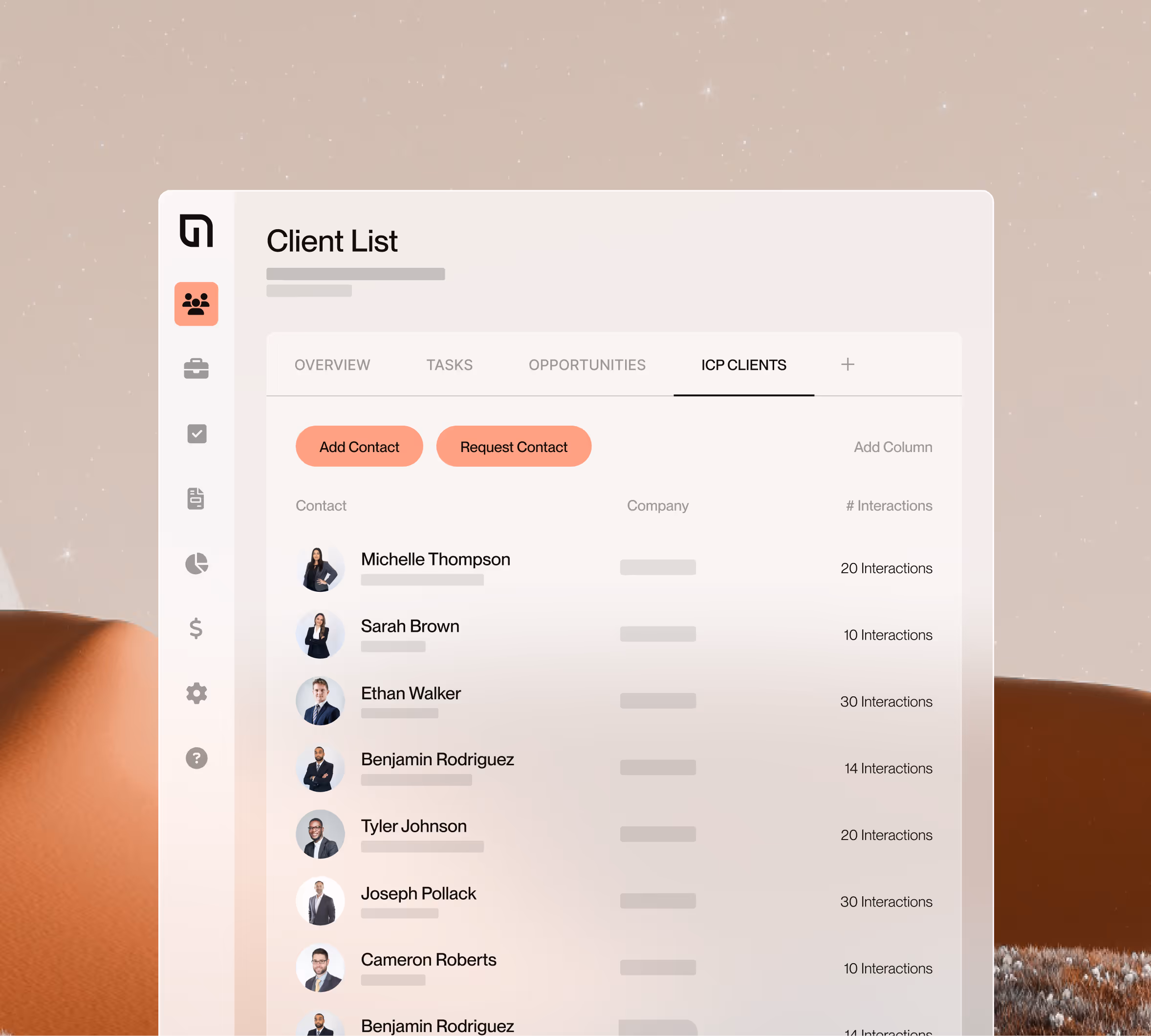 User interface showing a client list with contact names, photos, company names, and number of interactions