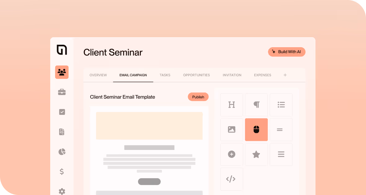 User interface of a Client Seminar email campaign editor with options to write and format email templates, and a sidebar for navigation.